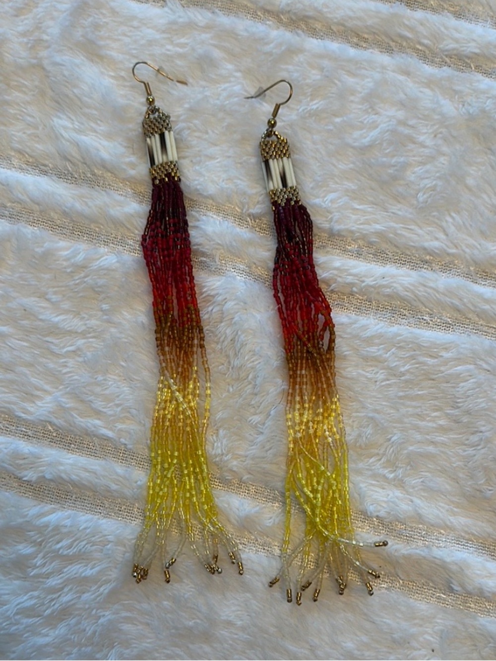 Beaded Fringe Drop Earrings - Red to Yellow Ombre